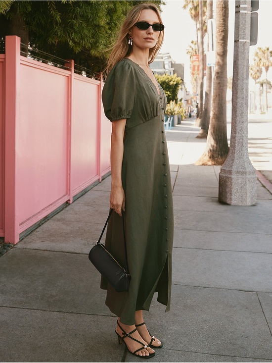LOFT Dresses & Skirts - LOFT Olive Puff-Sleeve Button-Front Midi Dress